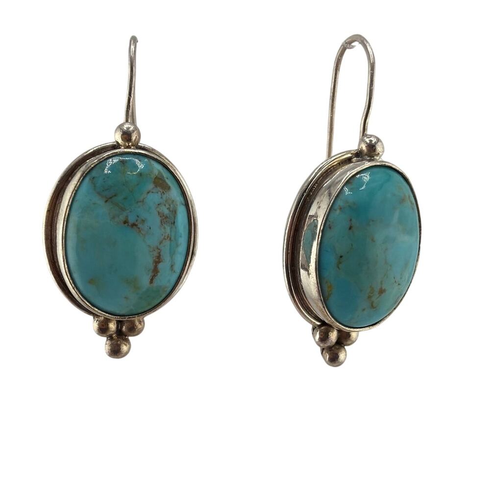 Vintage Sterling Silver Large Turquoise Dangle Earrings with Bead Cluster